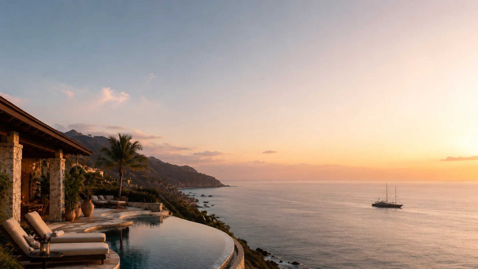 A clifftop terrace and infinity pool overlooking the sea at sunset